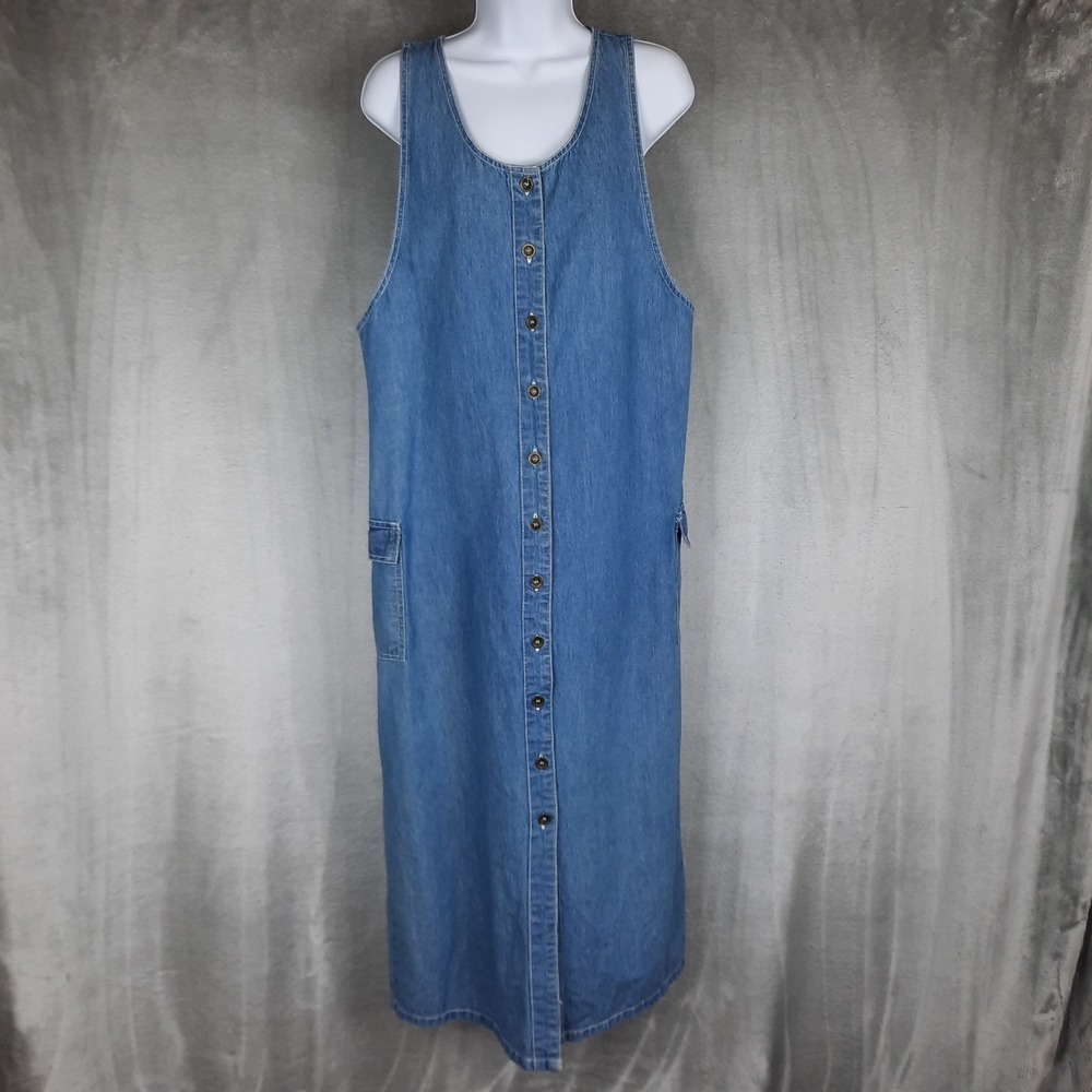 Vtg Denim Jumper Dress Maxi Button Front Cargo Pockets Medium Utility 90s Y2K - Picture 1 of 16